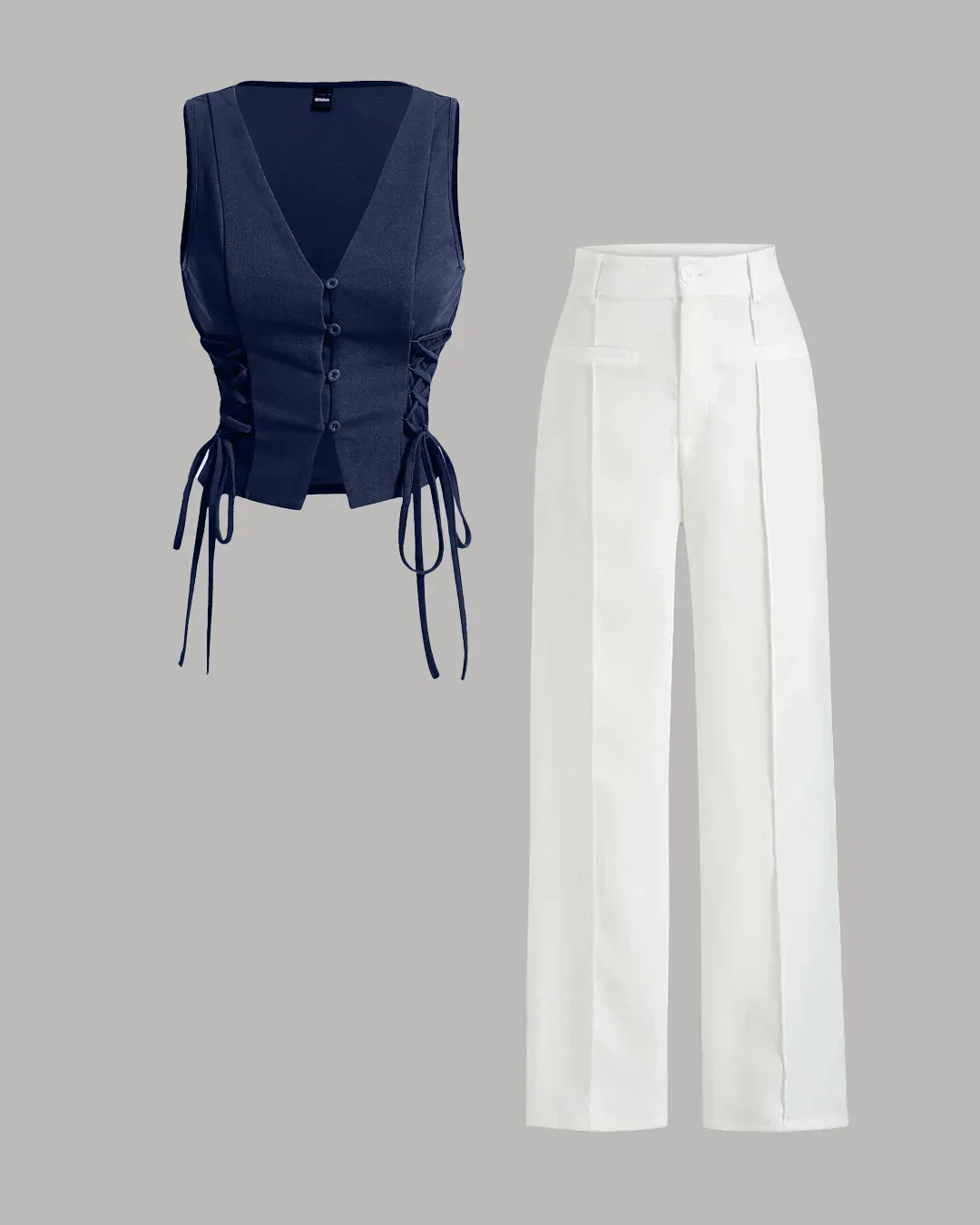 2-Piece Navy Corset Vest & Lace-Up Vest & White Wide-Leg Trouser Set - Image 2