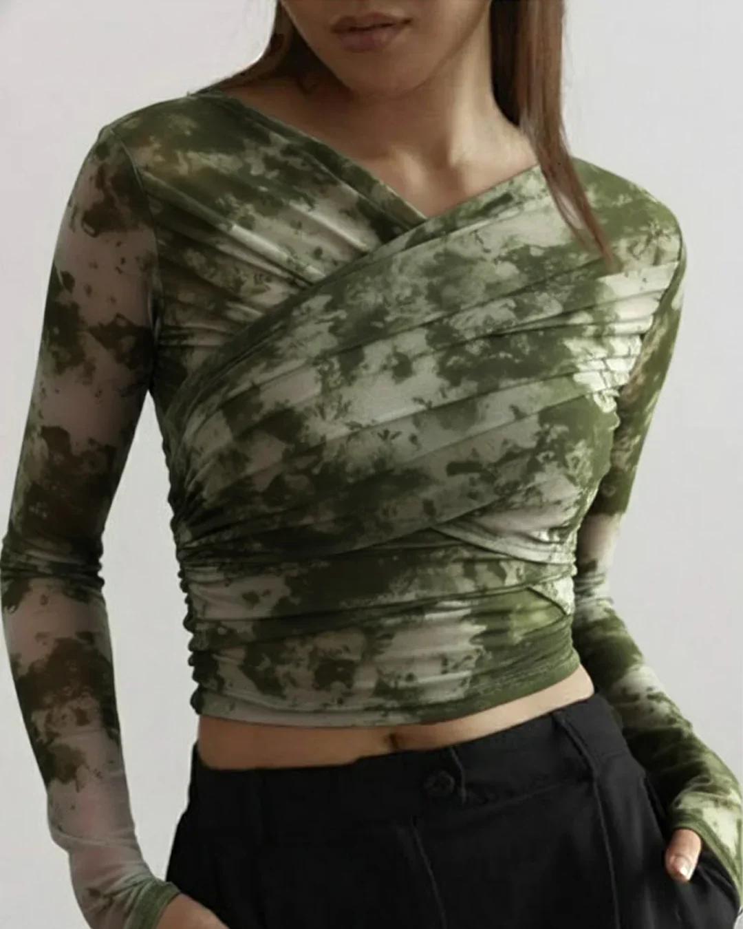 Abstract Long Sleeve Ruched Wrap Top - Image 3