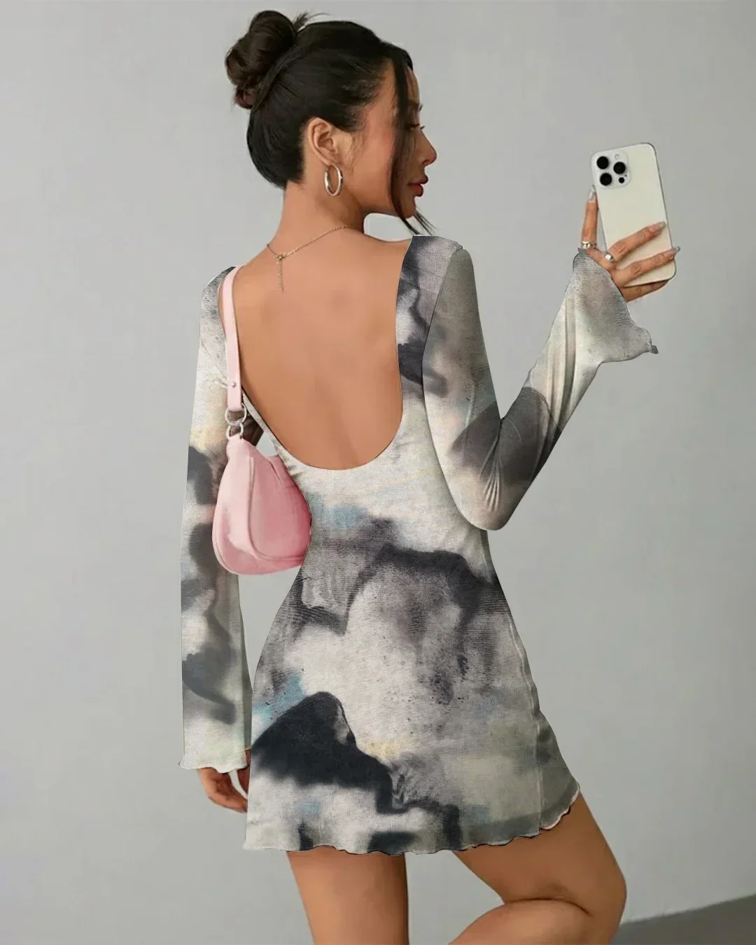 Abstract Print Sheer Long Sleeve Mini Dress - Image 2