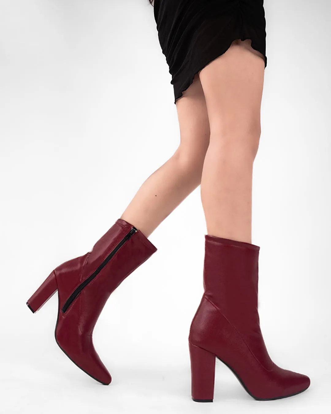Ankle Boots High Chunky Block Heel Mid Calf Boots In Burgundy - Image 2