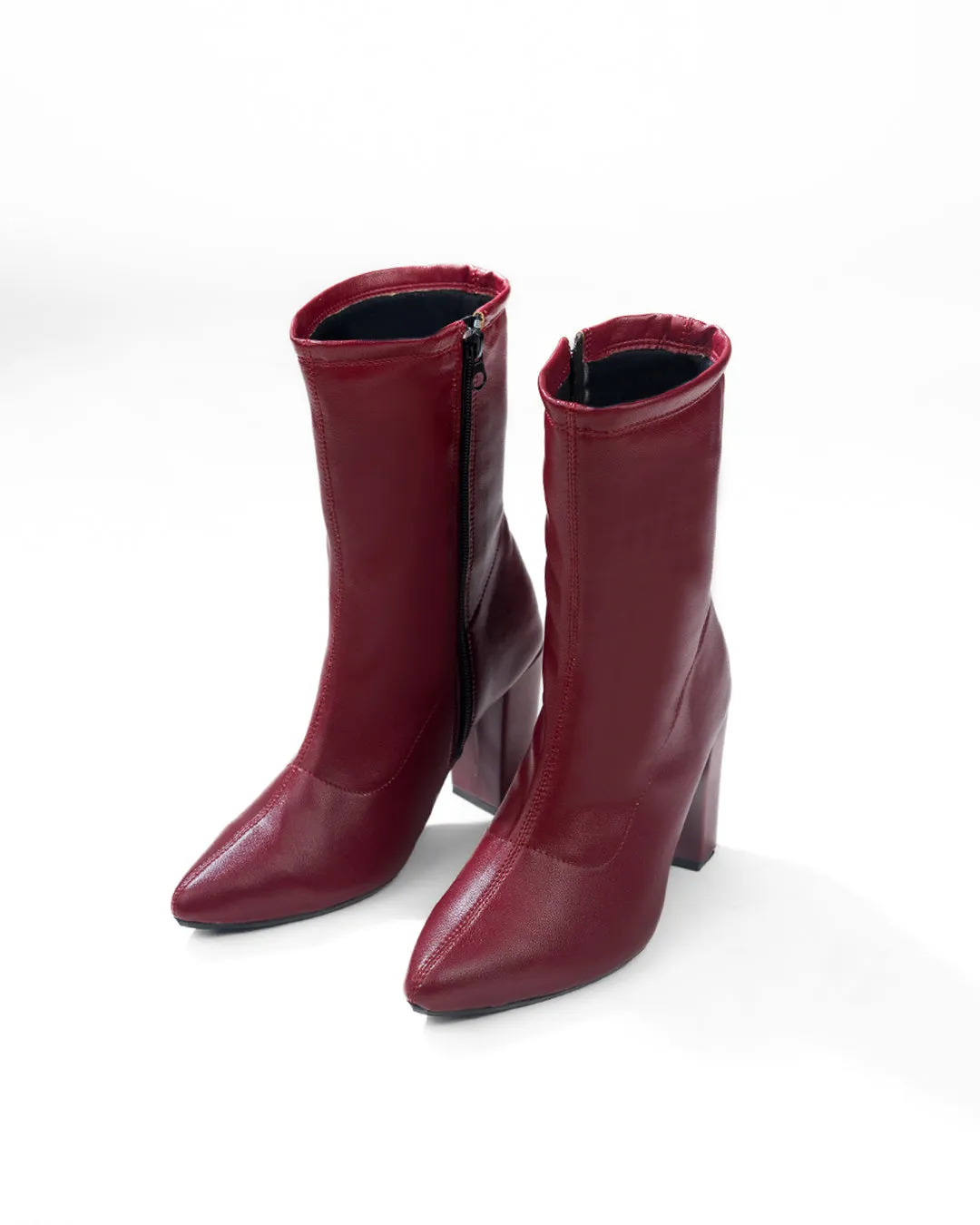 Ankle Boots High Chunky Block Heel Mid Calf Boots In Burgundy - Image 4