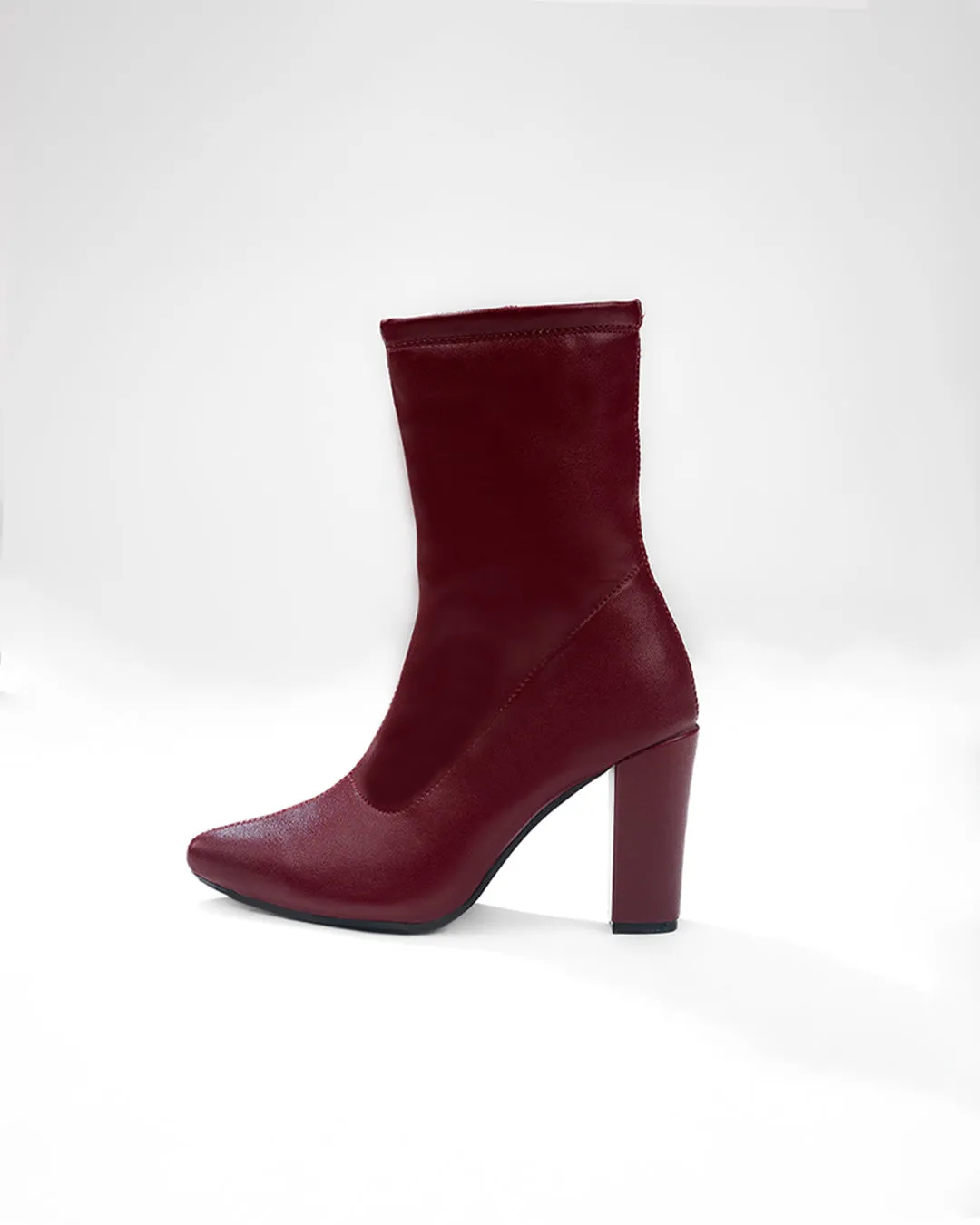 Ankle Boots High Chunky Block Heel Mid Calf Boots In Burgundy - Image 5