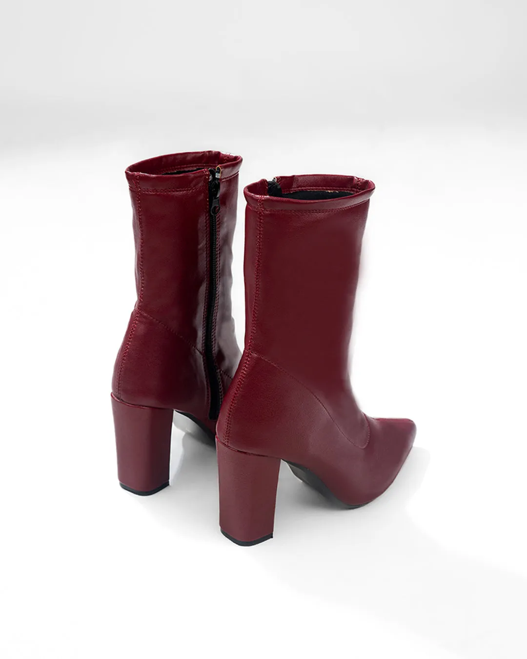 Ankle Boots High Chunky Block Heel Mid Calf Boots In Burgundy - Image 6