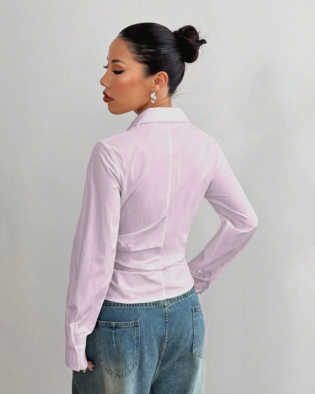 Asymmetric Hem Fitted Baby Pink Shirt Top - Image 3