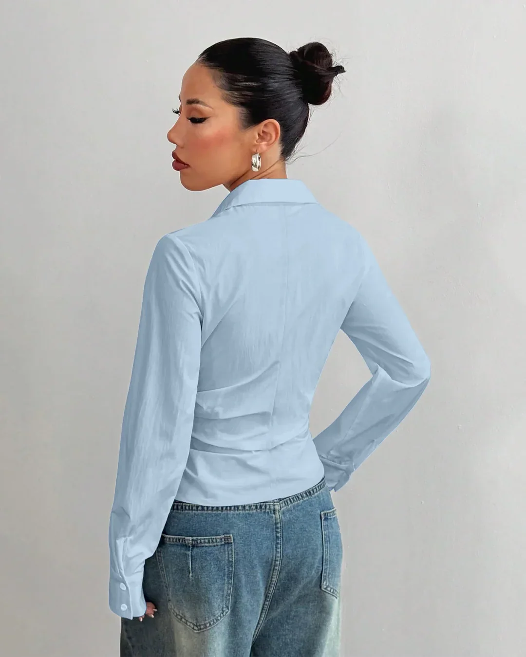 Wrap Style Collared V Neck Full Sleeve Shirt in Sky Blue - Image 3