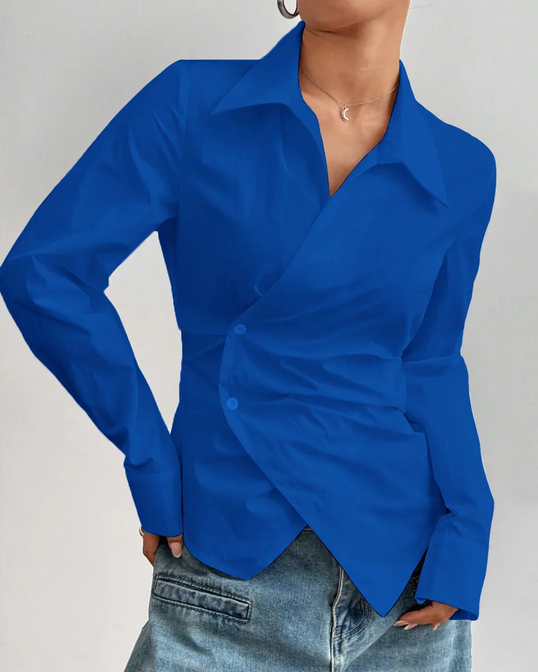 Asymmetric Hem Fitted Surf Blue Shirt Top - Image 2