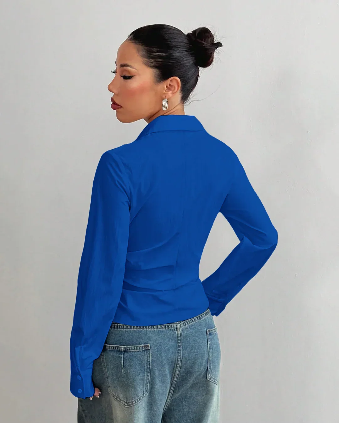Asymmetric Hem Fitted Surf Blue Shirt Top - Image 3