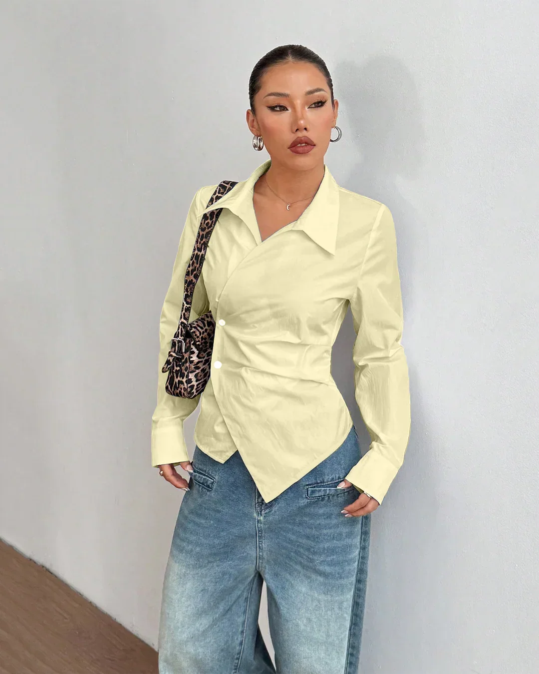 Asymmetric Hem Fitted Vanilla Shirt Top - Image 2
