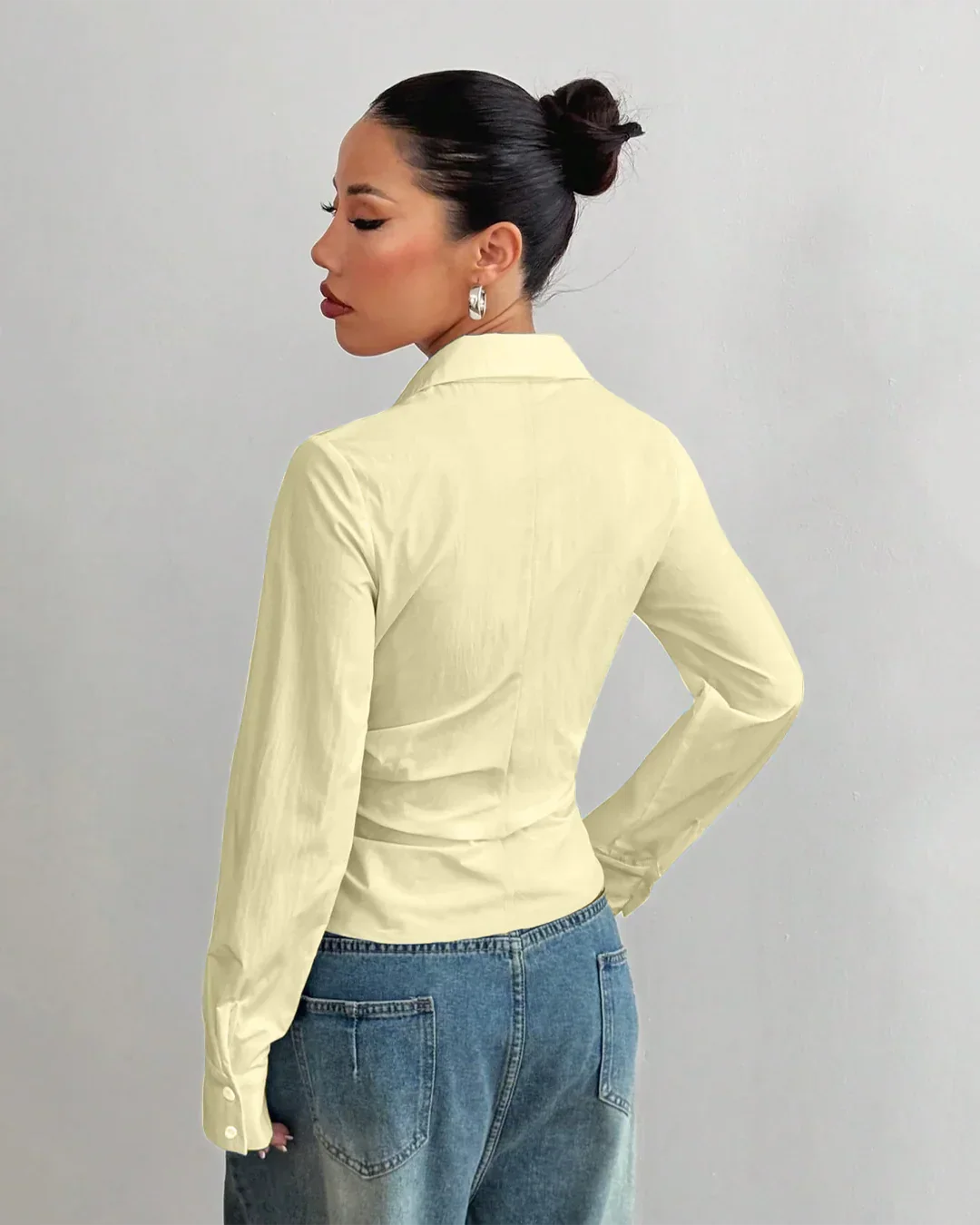 Asymmetric Hem Fitted Vanilla Shirt Top - Image 3