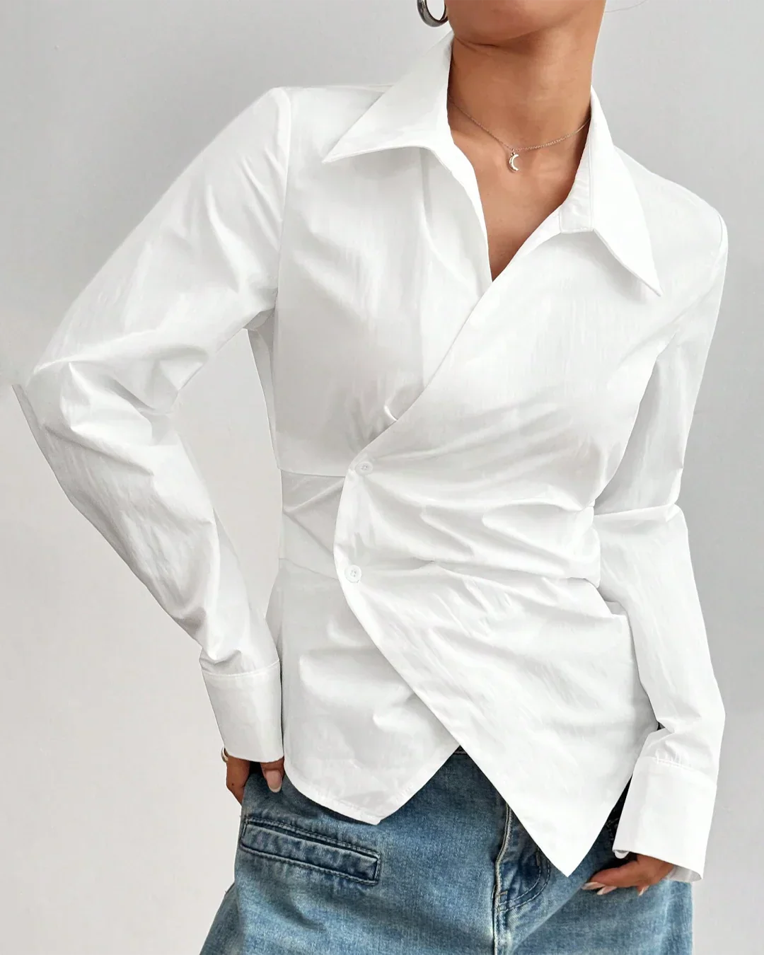 Asymmetric Hem Fitted White Shirt Top - Image 2