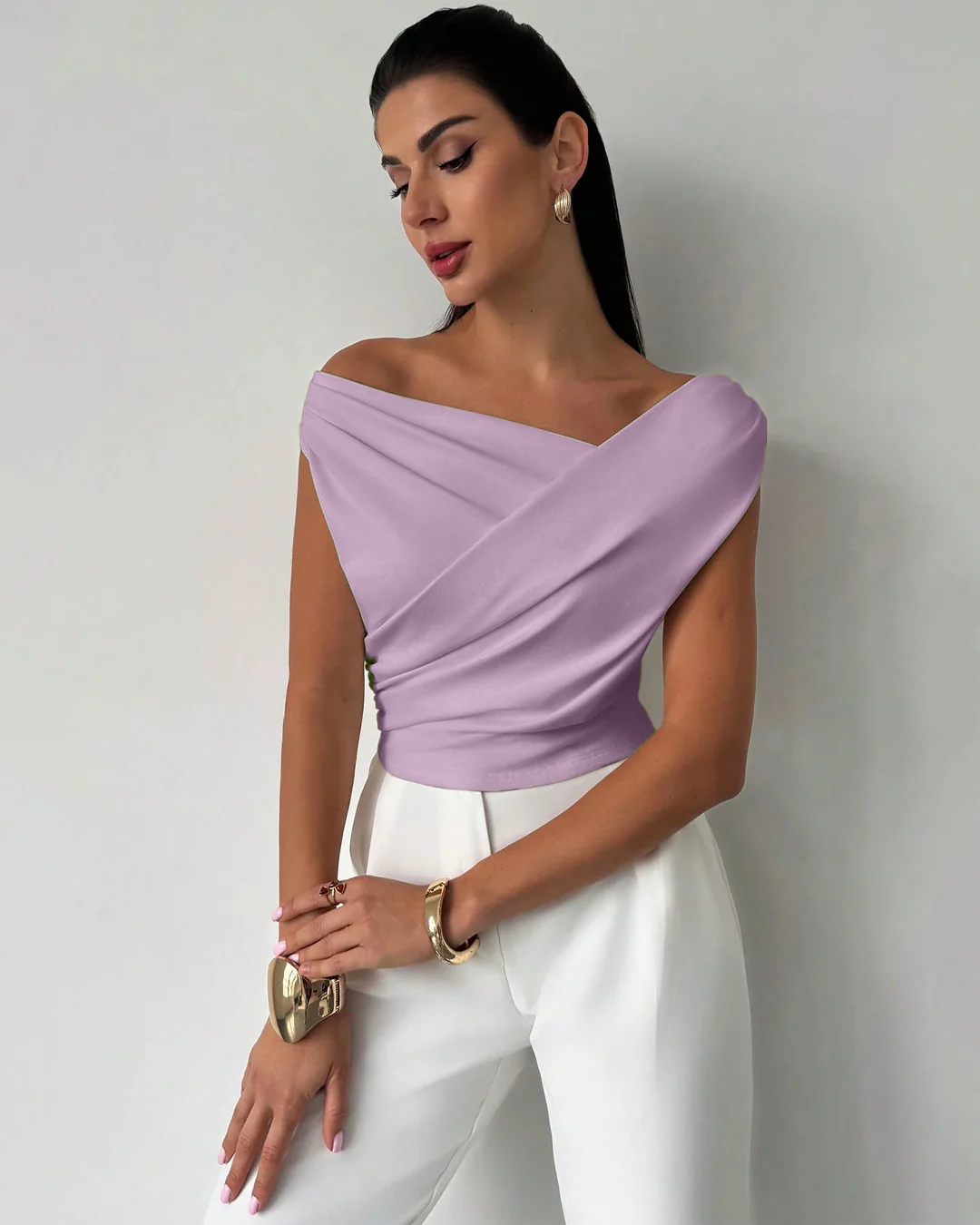 Asymmetric Neck Drape Cropped Top in lilac - Image 3