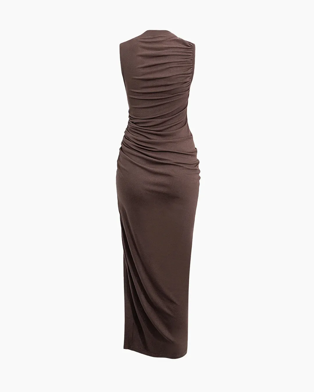 Asymmetric Ruched Drawstring Slit Sleeveless Chocolate Brown Maxi Dress - Image 2