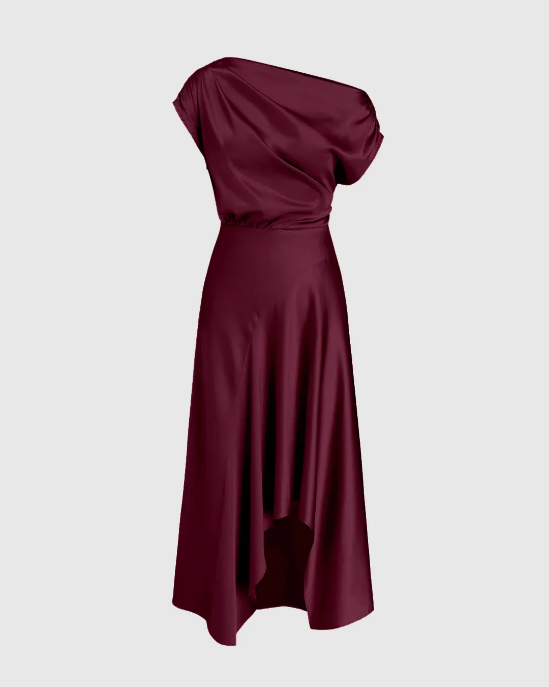Asymmetrical Boat Neck Ruffle Maxi Dress In Cherry Red