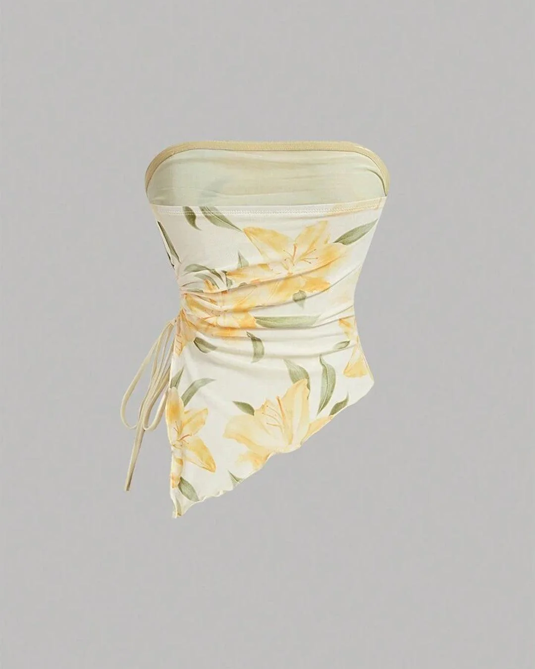 Strapless Floral Print Ruched Side Tie Top in Yellow - Image 3