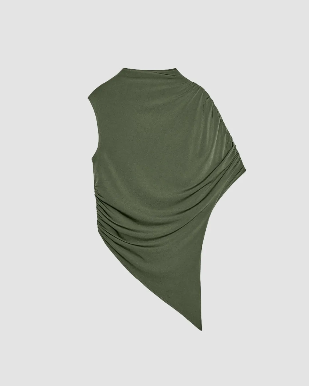 Asymmetrical Green Ruched Sleeve Draped Top with High Mock Neck - Image 2