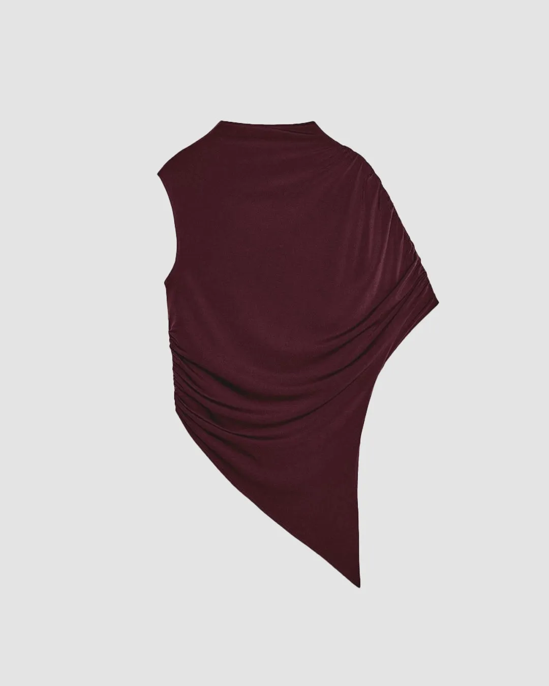 Asymmetrical Maroon Ruched Sleeve Draped Top With High Mock Neck - Image 2