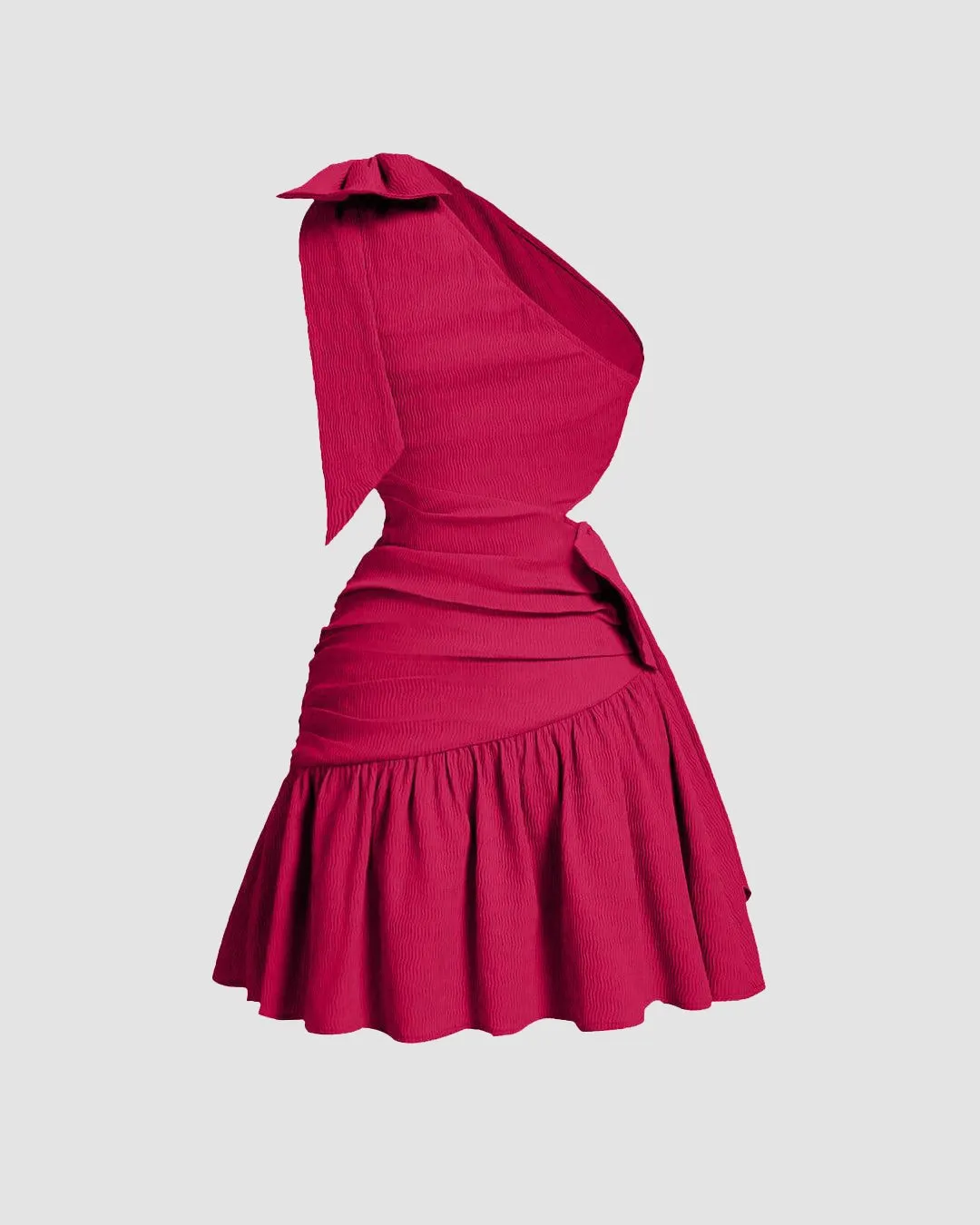 One Shoulder Ruffle Hem Hot Pink Mini Dress - Image 4