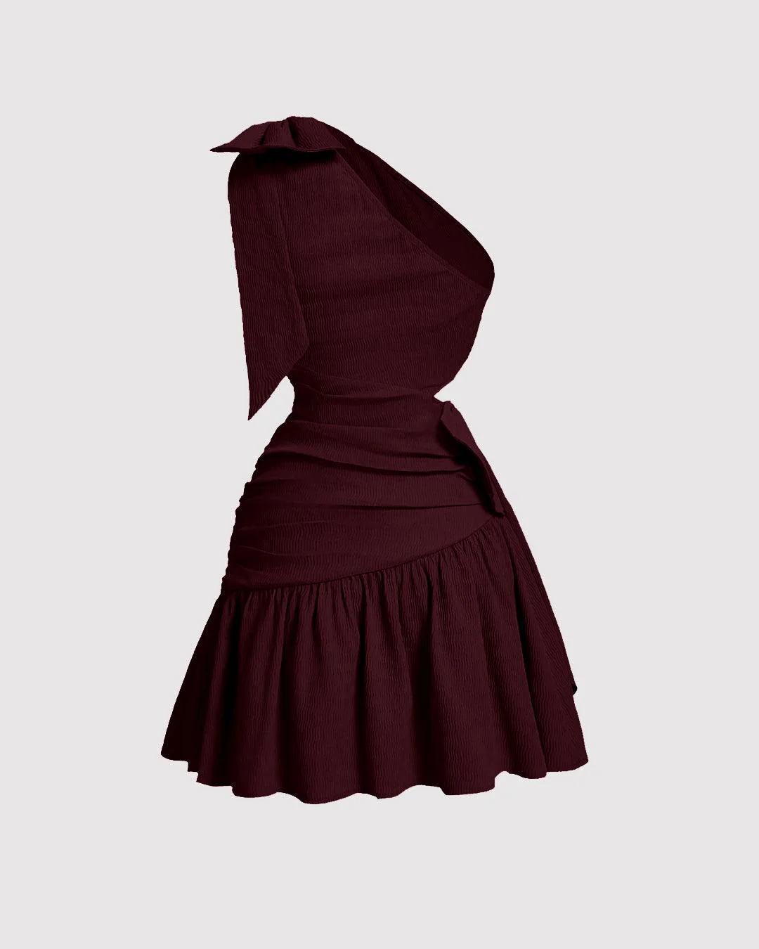 Asymmetrical Neck Bow Tie Cropped Waist Mini Dress In Maroon - Image 3