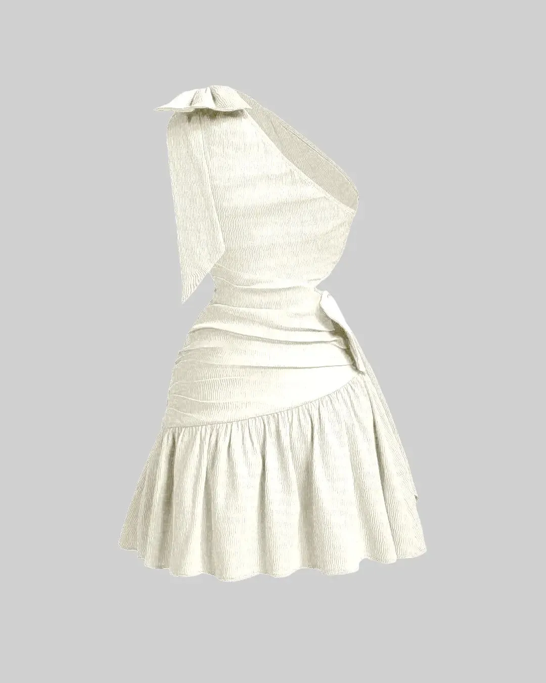 Asymmetrical Neck Bow Tie Cropped Waist Mini Dress In Off-White - Image 3