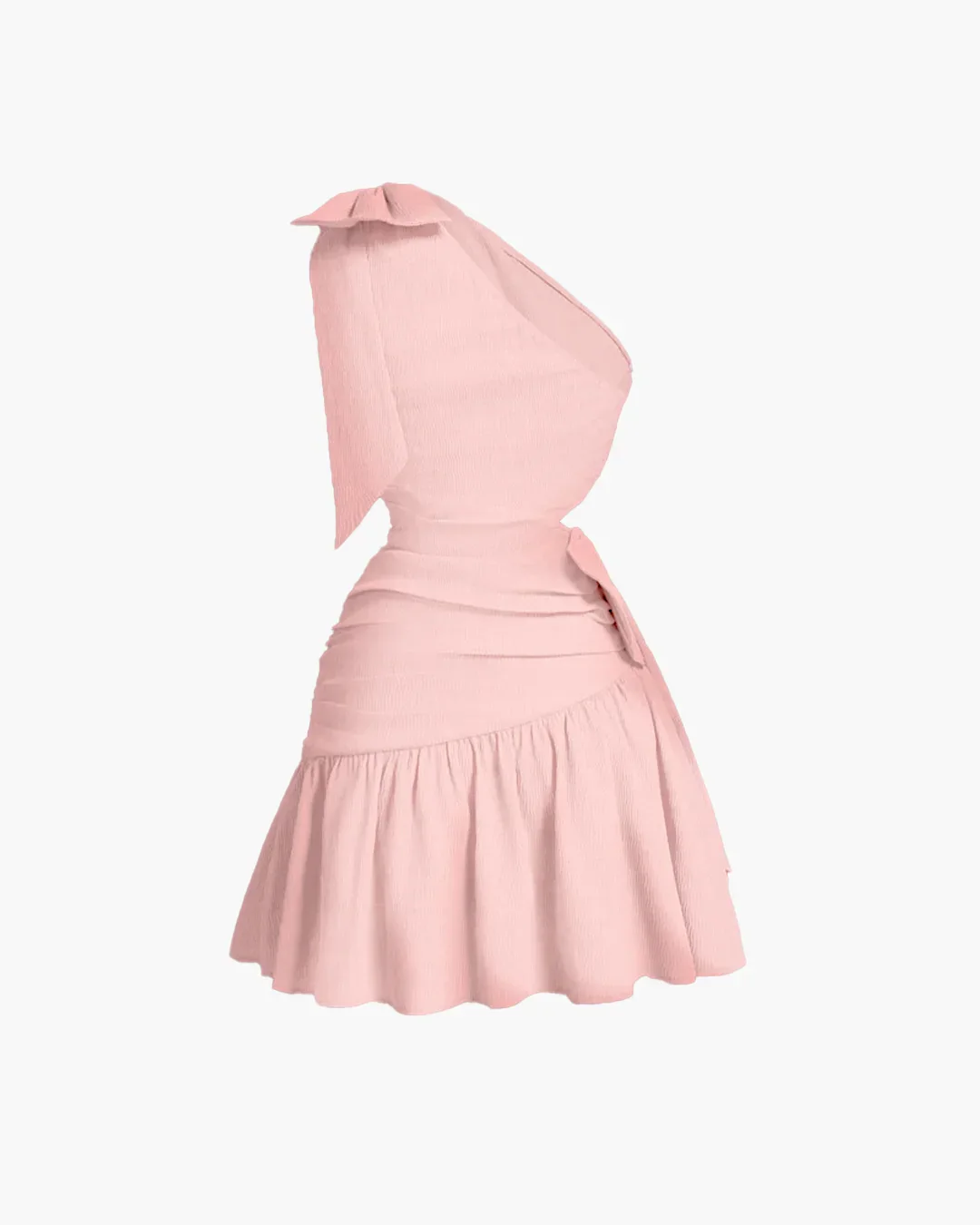 Asymmetrical Neck Bow Tie Cropped Waist Mini Dress In Powder Pink - Image 2