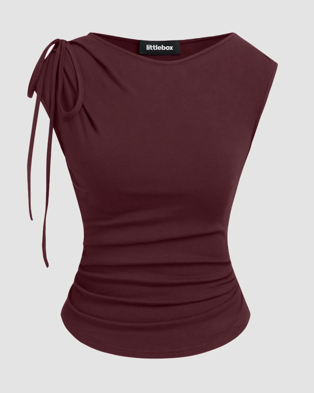 Asymmetrical Neck Bowknot Cinched Waist Top in Maroon - Image 2