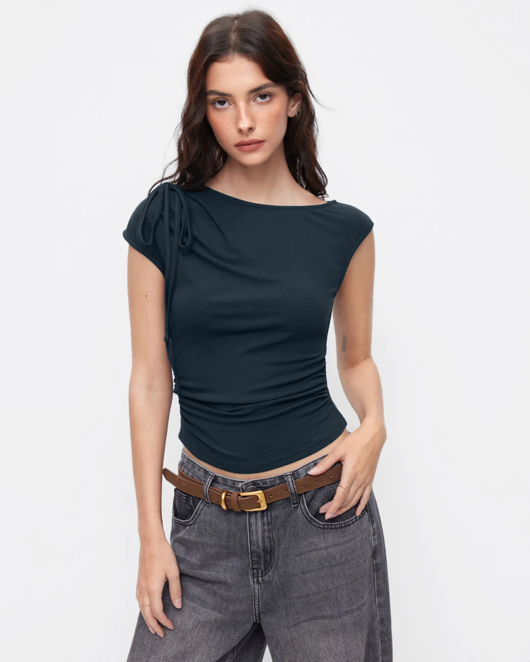 Asymmetrical Neck Bowknot Cinched Waist Top in Navy Blue