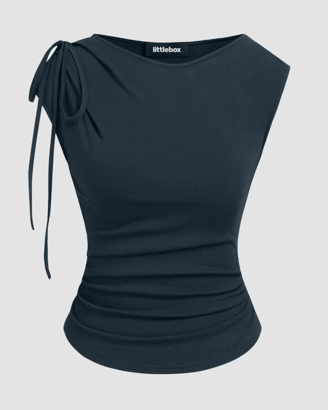 Asymmetrical Neck Bowknot Cinched Waist Top in Navy Blue - Image 2