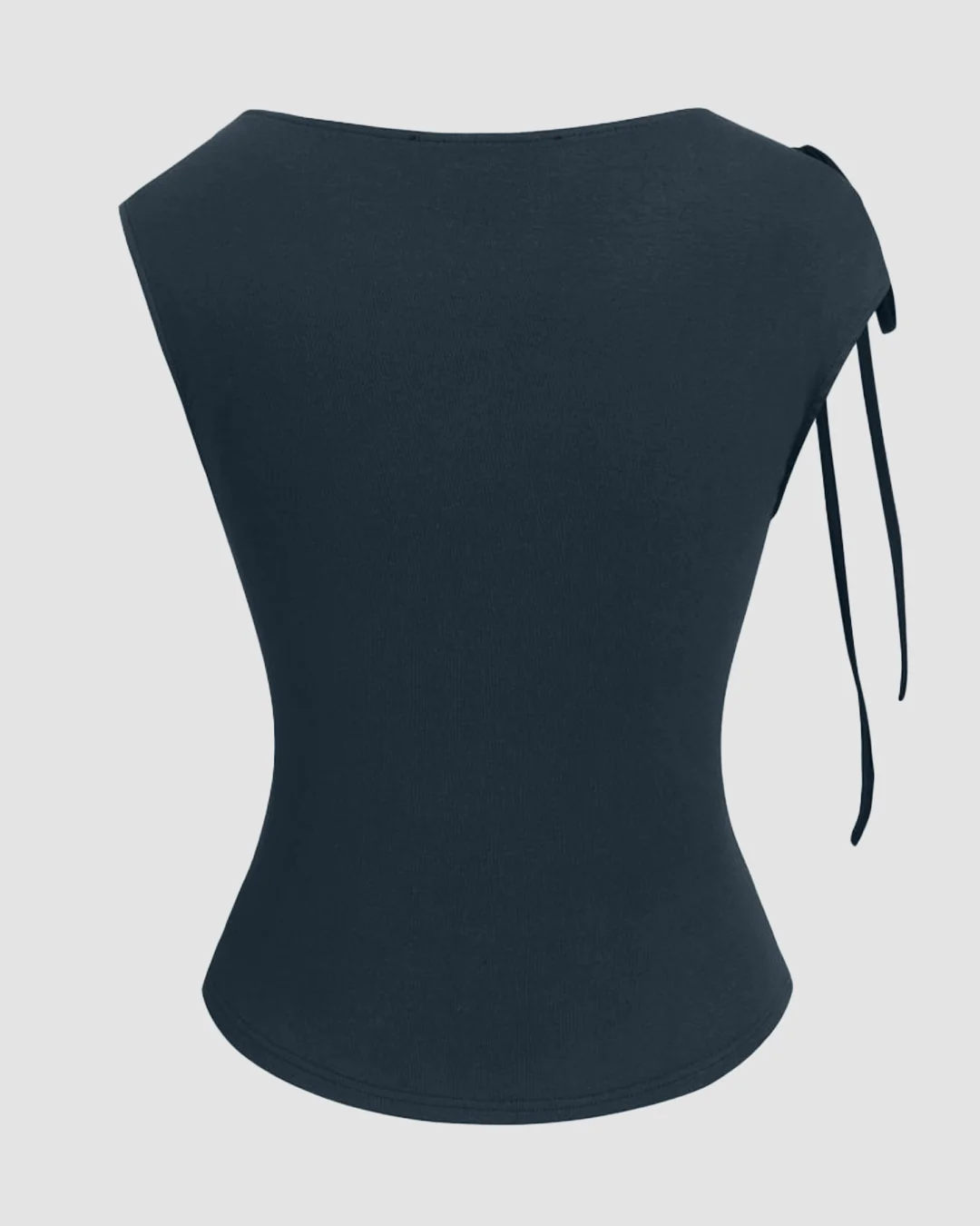 Asymmetrical Neck Bowknot Cinched Waist Top in Navy Blue - Image 3