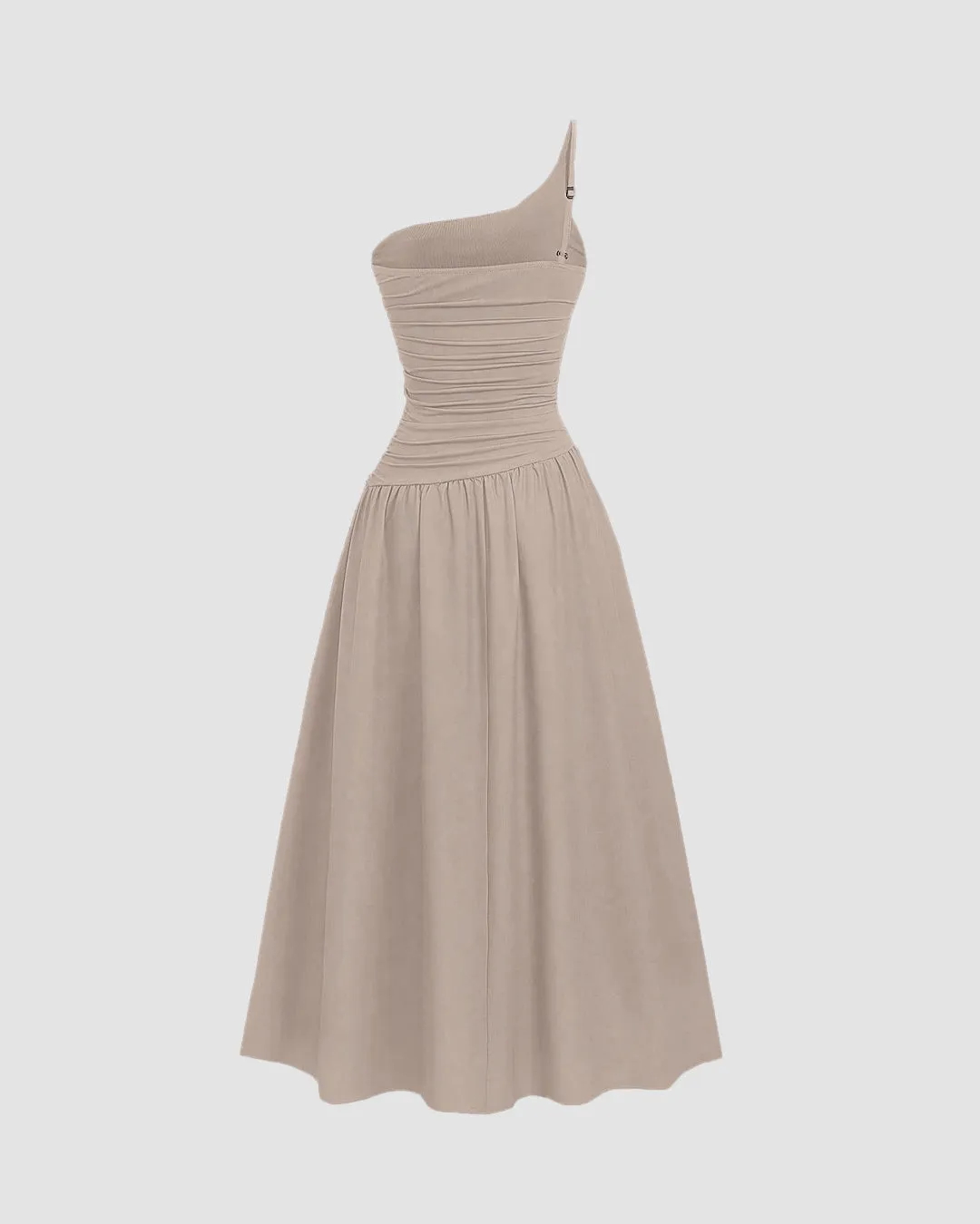 Asymmetrical Neck Ruched Flared Beige Midi Dress - Image 2