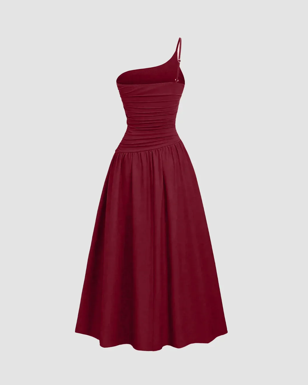 Asymmetrical Neck Flared Midi Dress In Maroon - Image 2