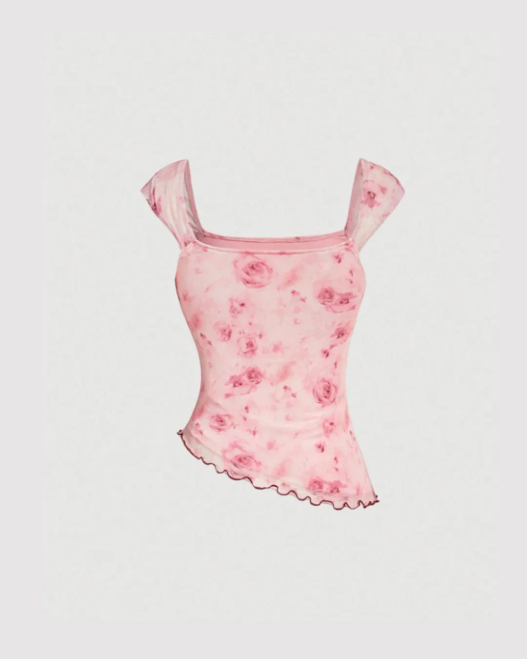 Asymmetrical Neck Floral Ruched Hem Top in Pink - Image 3