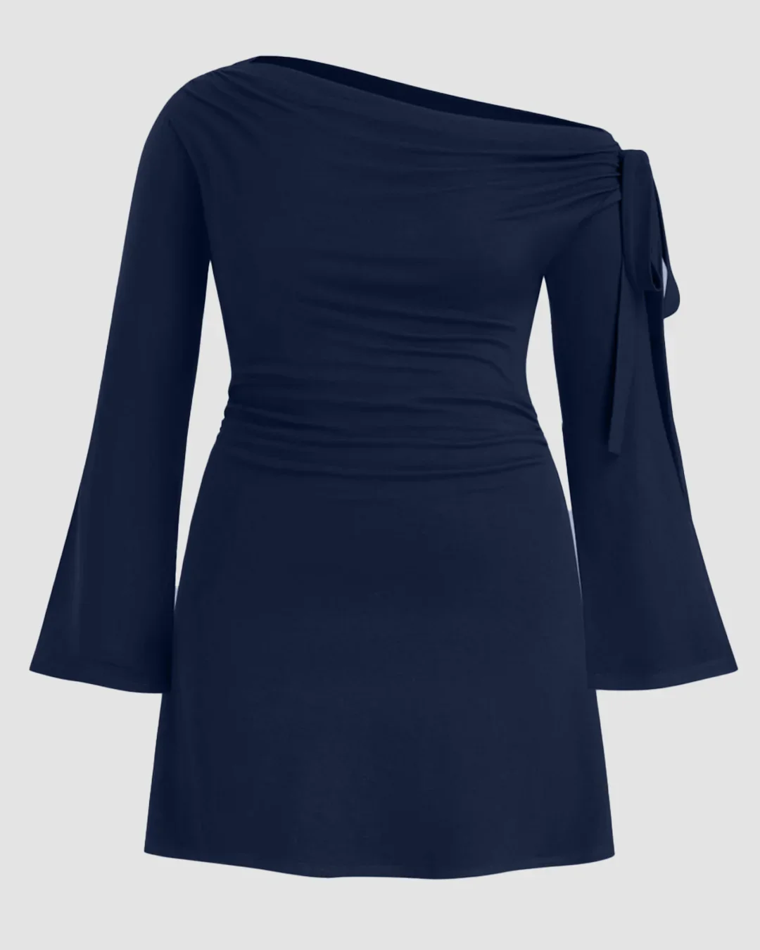 Asymmetrical Neck Knotted Ruched Mini Dress Curve & Plus in Navy Blue - Image 2