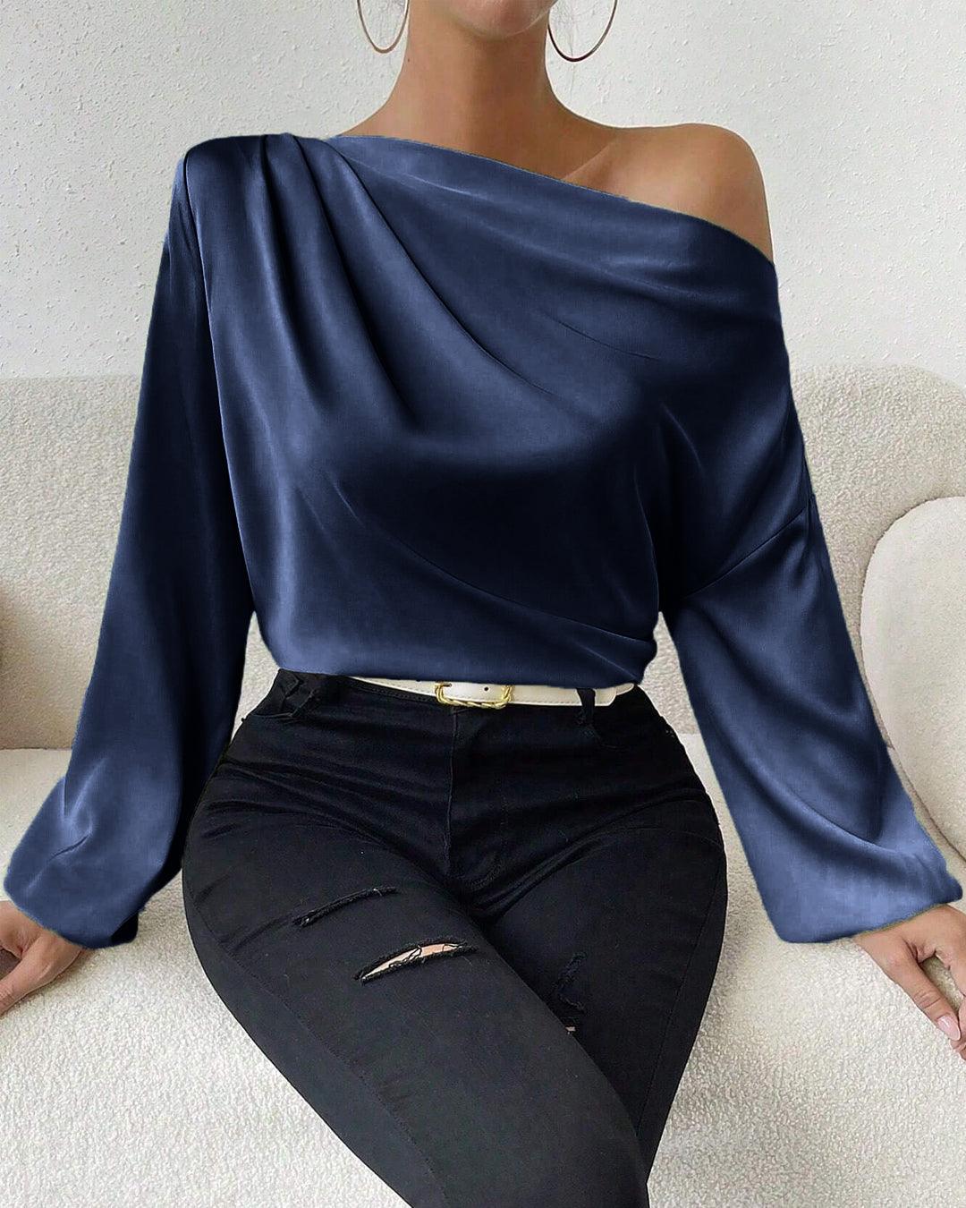 Asymmetrical Neck Lantern Sleeve Satin Blouse In Navy Blue - Image 2