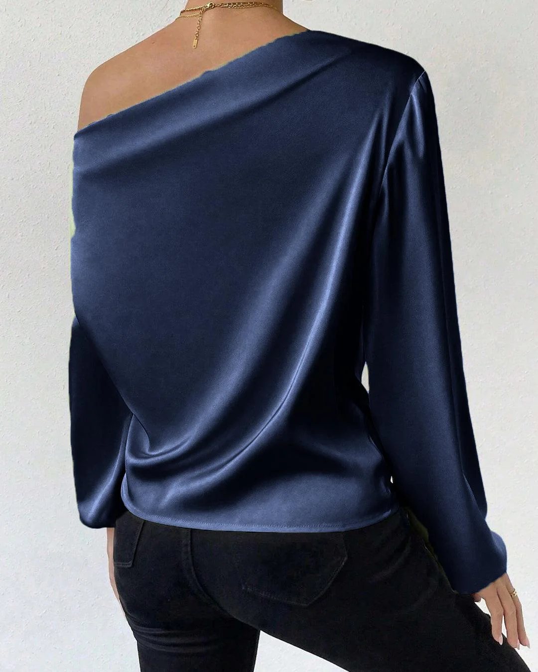 Asymmetrical Neck Lantern Sleeve Satin Blouse In Navy Blue - Image 3