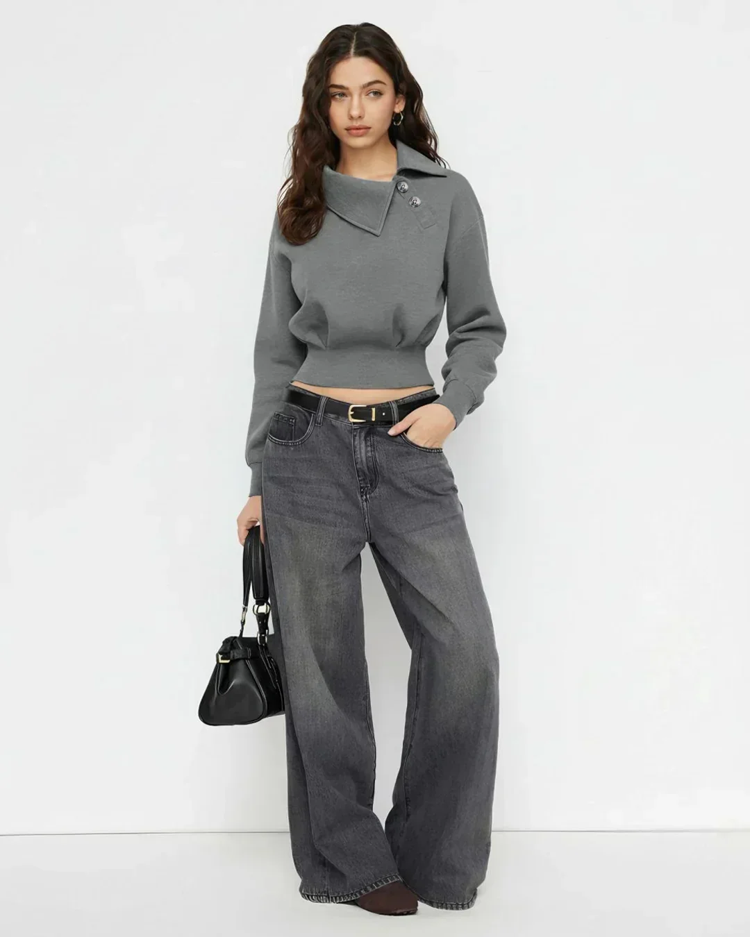 Asymmetrical Neck Long Sleeve Cinched Waist Sweatshirt Black Melange - Image 4