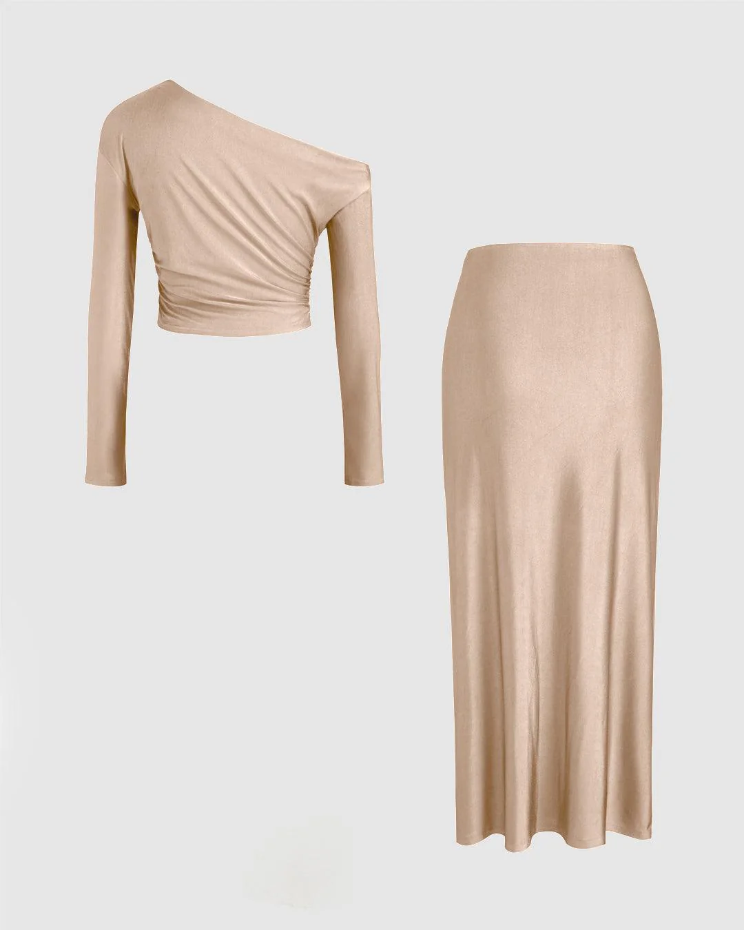 Asymmetrical Neck Long Sleeve Crop Top & Mid Rise Ruched Maxi Skirt In Peach - Image 2