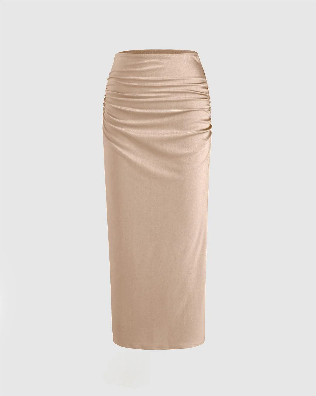 Asymmetrical Neck Long Sleeve Crop Top & Mid Rise Ruched Maxi Skirt In Peach - Image 4