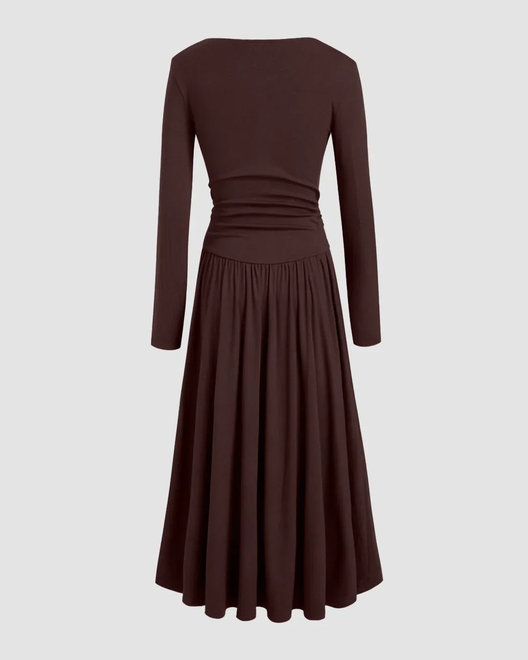 Asymmetrical Neck Long Sleeve Ruched Maxi Dress in Chocolate Fondae - Image 2