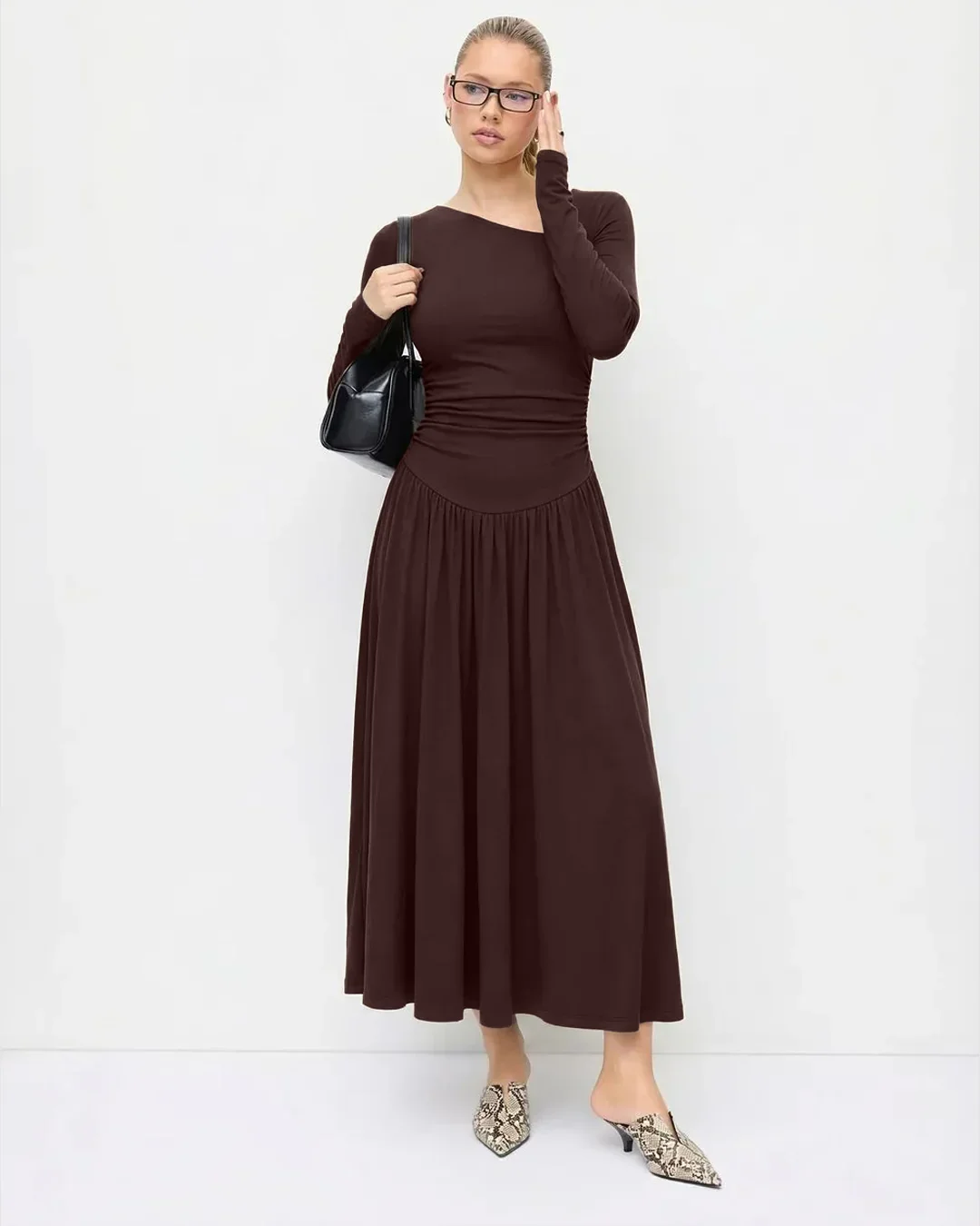 Asymmetrical Neck Long Sleeve Ruched Maxi Dress in Chocolate Fondae - Image 3