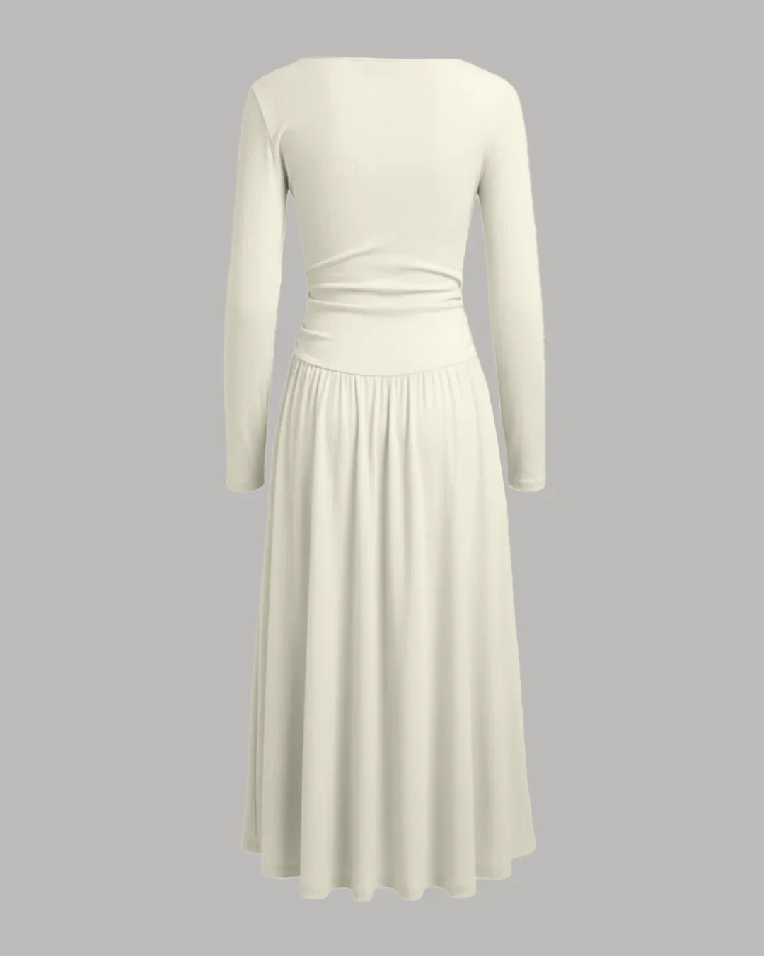 Asymmetrical Neck Long Sleeve Ruched Maxi Dress in Milky White - Image 2