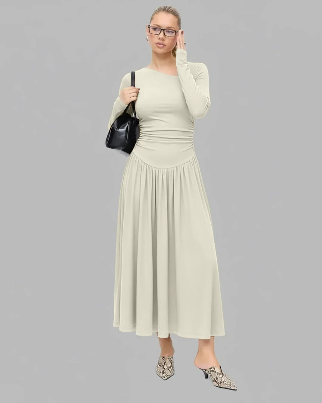 Asymmetrical Neck Long Sleeve Ruched Maxi Dress in Milky White - Image 3