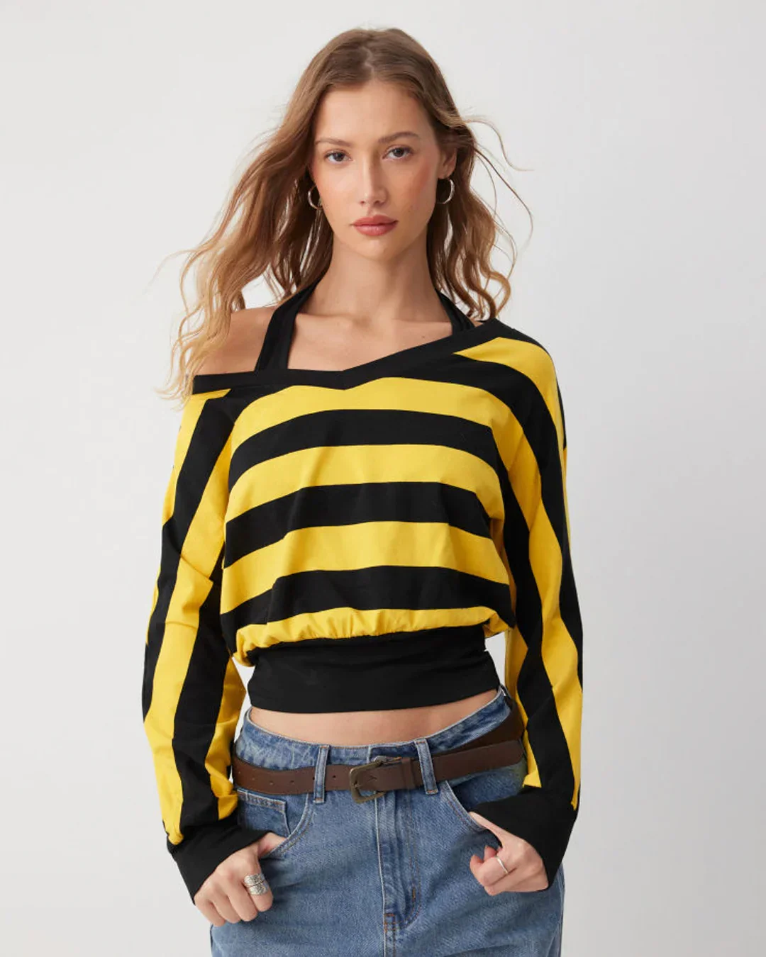 Asymmetrical Neck Long Sleeve Striped Two Tone Top - Image 4