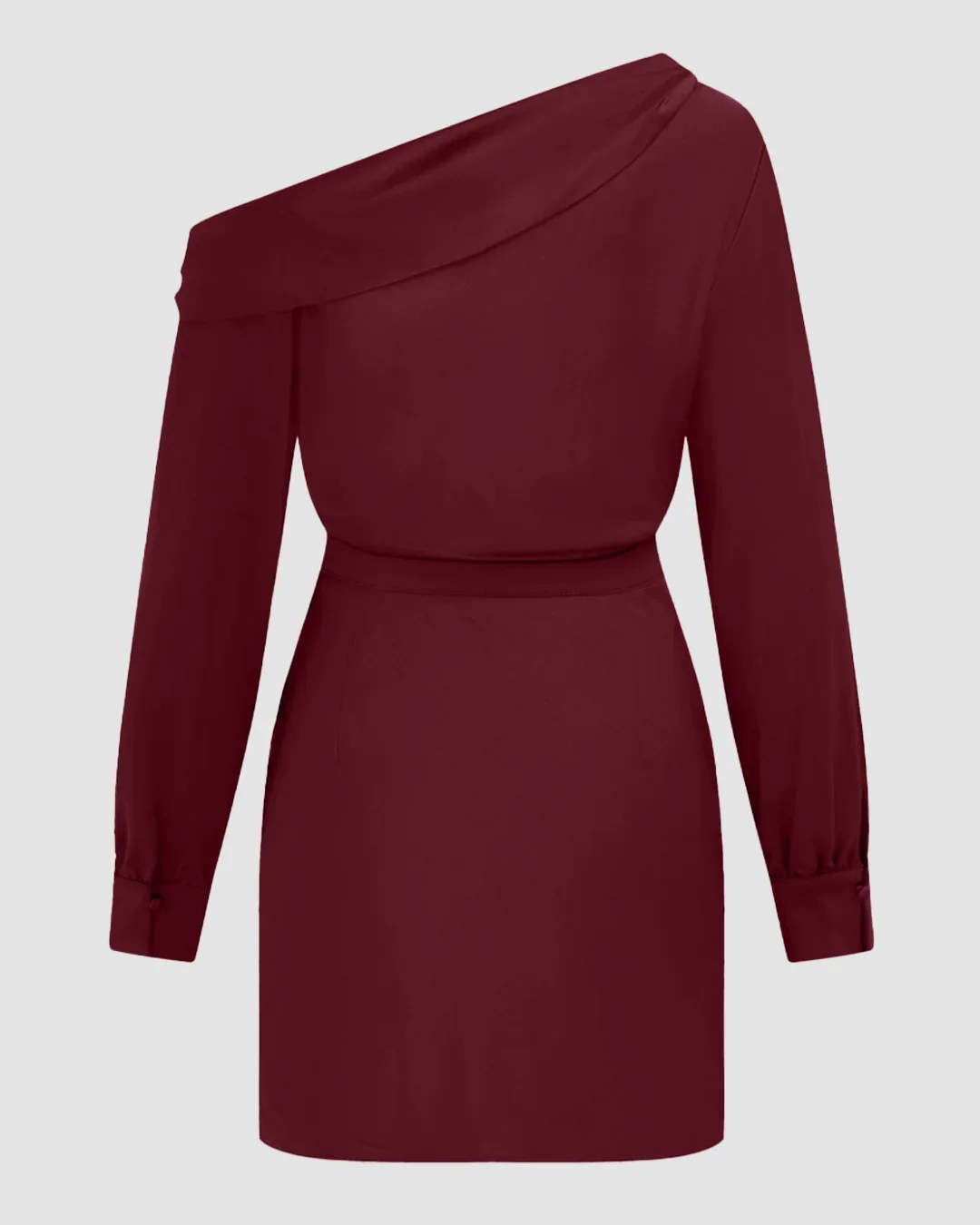 Asymmetrical Neck Pleated Wrap Mini Dress in Red - Image 2