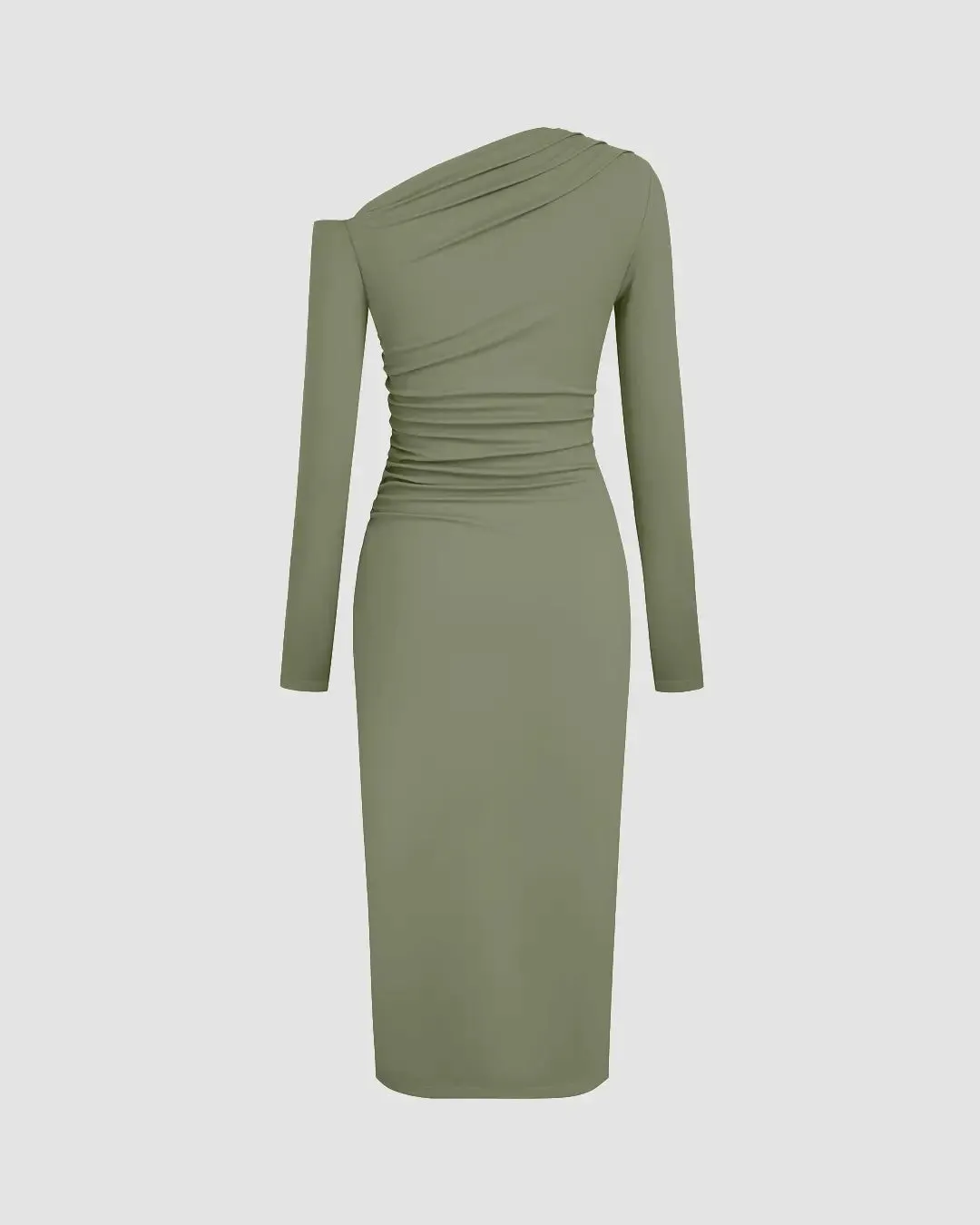 Asymmetrical Neck Ruched Midi Dress In Herbal Green - Image 2