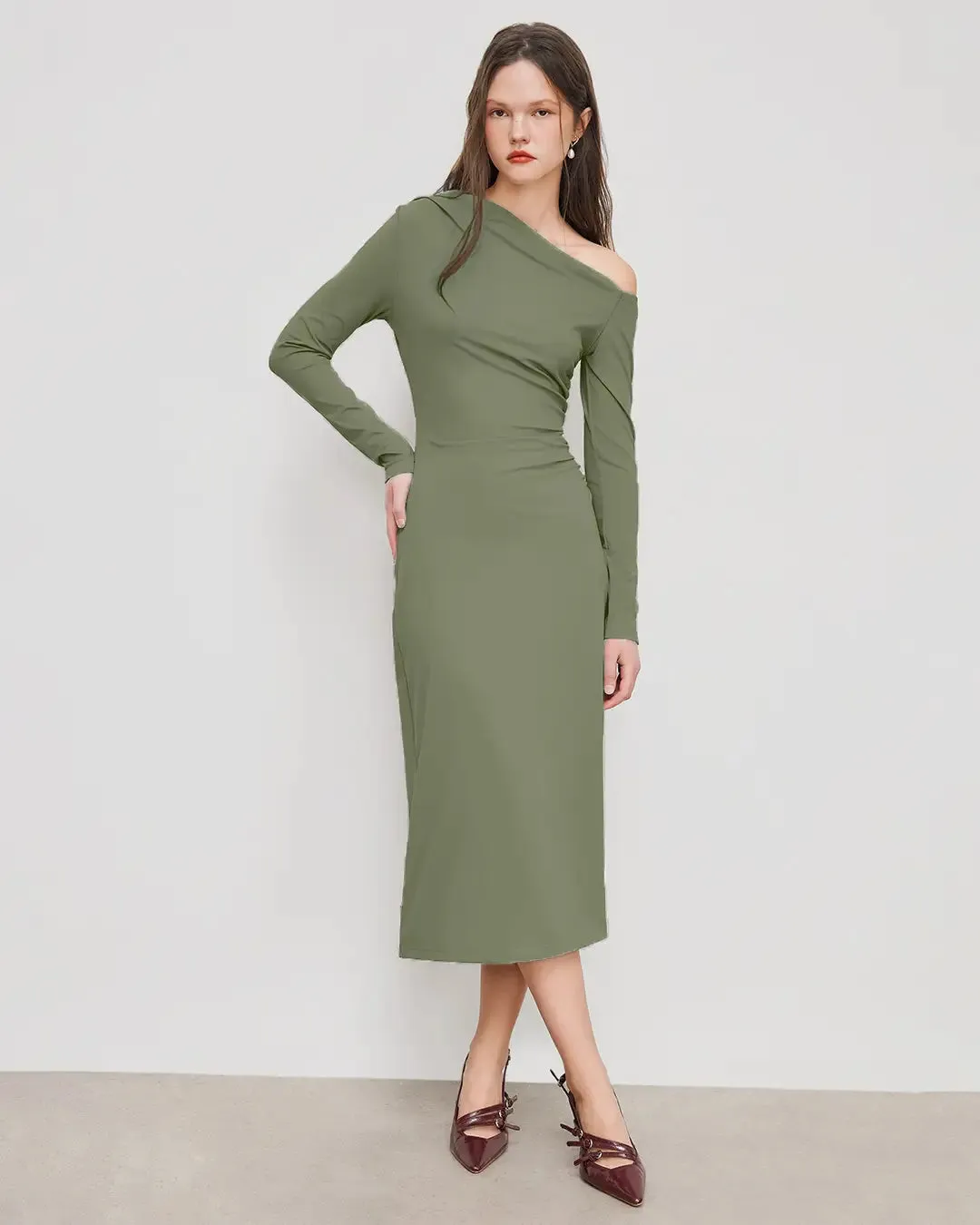 Asymmetrical Neck Ruched Midi Dress In Herbal Green - Image 3
