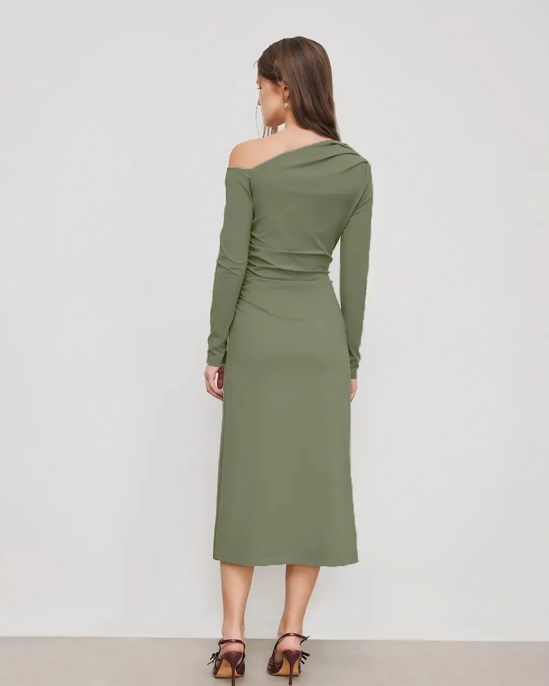 Asymmetrical Neck Ruched Midi Dress In Herbal Green - Image 4