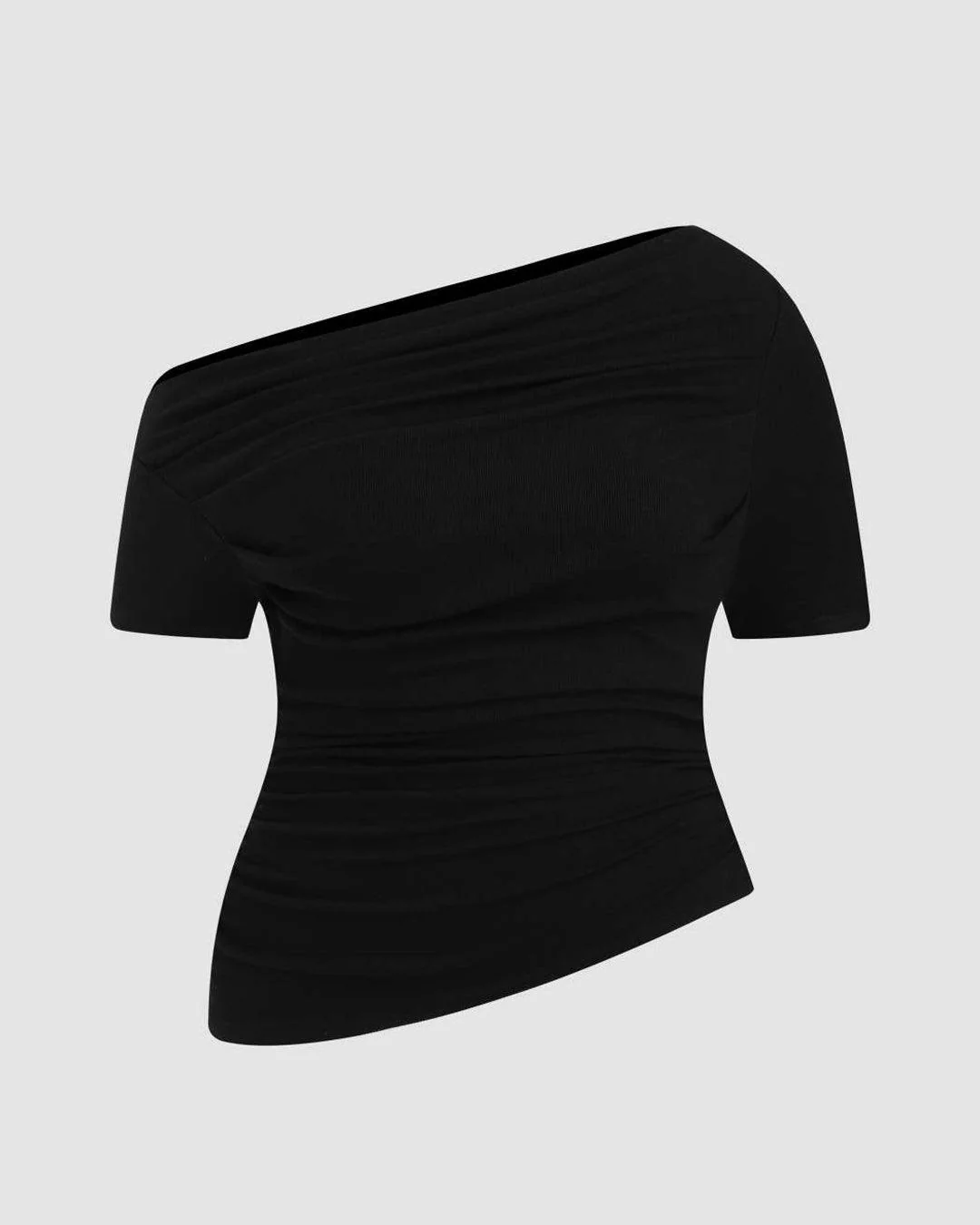 Asymmetrical Neck Ruched Short Sleeve Black Top Curve & Plus - Image 3