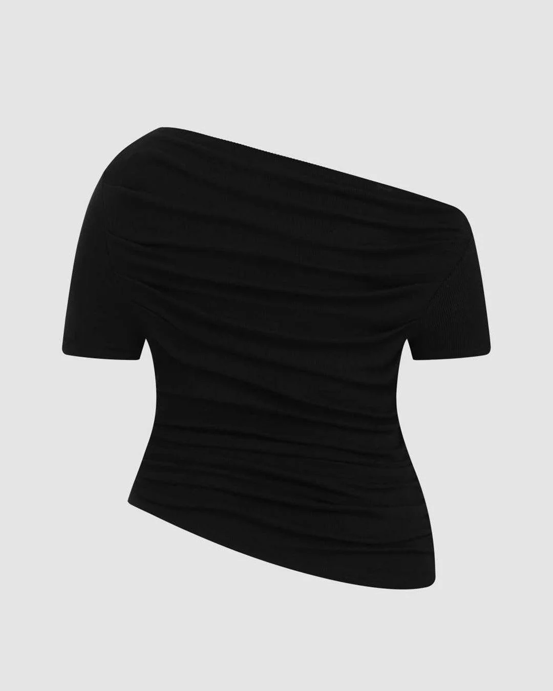 Asymmetrical Neck Ruched Short Sleeve Black Top Curve & Plus - Image 4