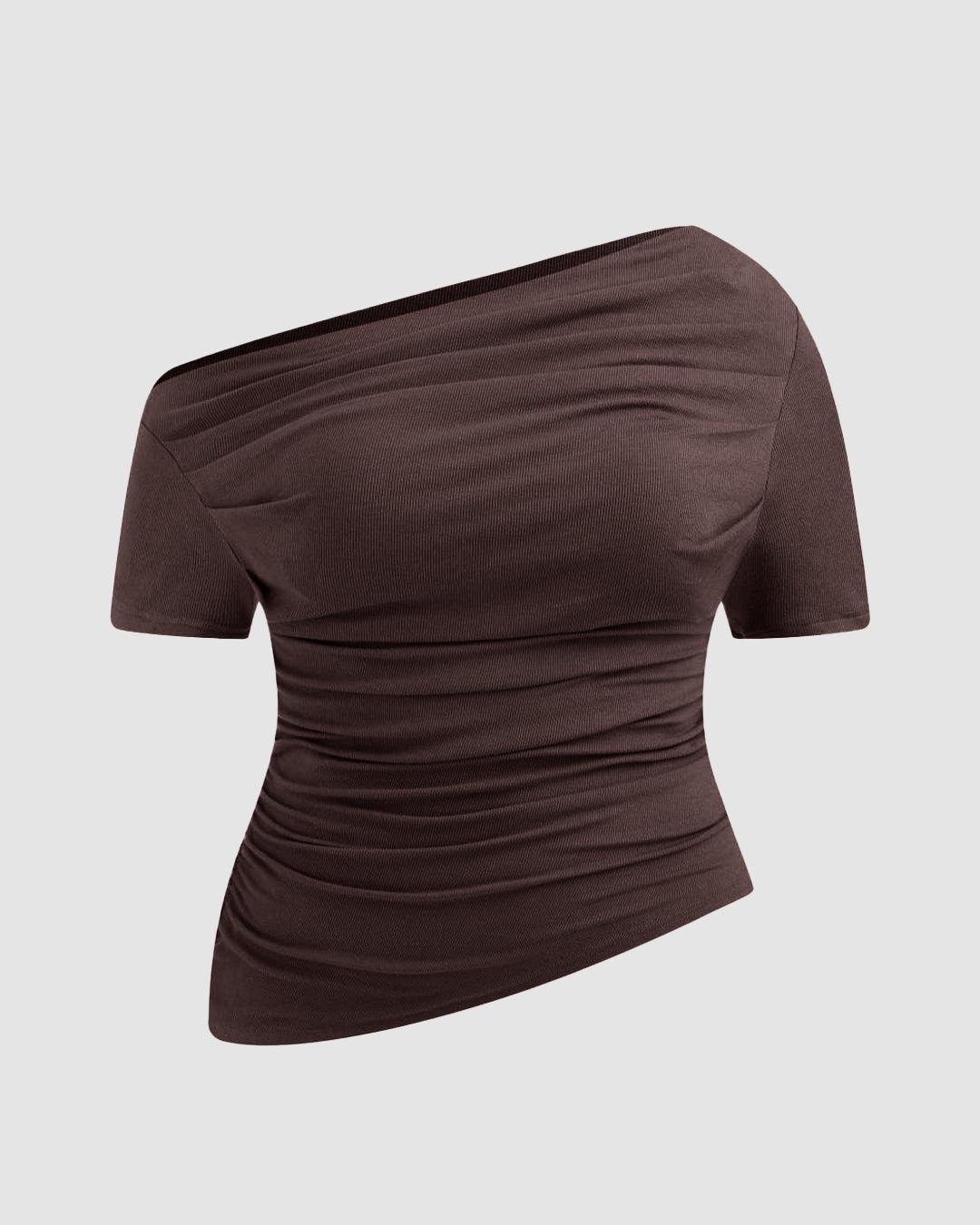 Asymmetrical Neck Ruched Short Sleeve Brown Top Curve & Plus - Image 3