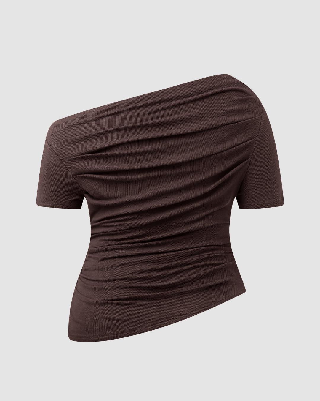 Asymmetrical Neck Ruched Short Sleeve Brown Top Curve & Plus - Image 4